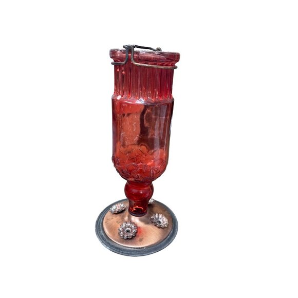 Vintage Woodstream Corp Floral Glass & Copper Hummingbird Feeder Red SKU 9317 - Picture 1 of 12